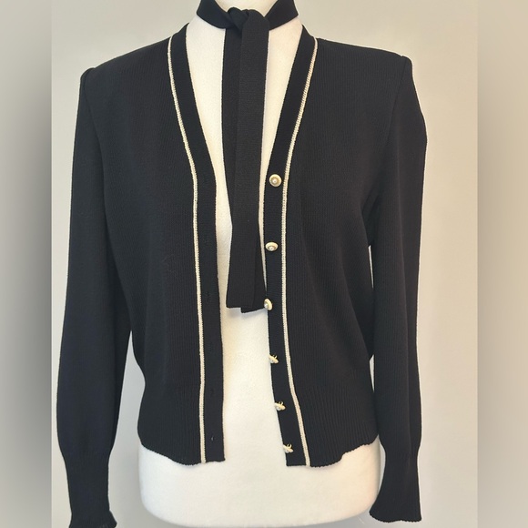 St. John Collection Black Cardigan with White Trim Gold Pearl Button - Picture 6 of 13
